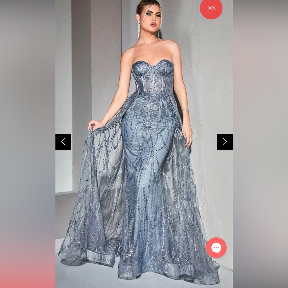Ladivine CB095 - Strapless Overskirt Evening Gown in Smoky Blue